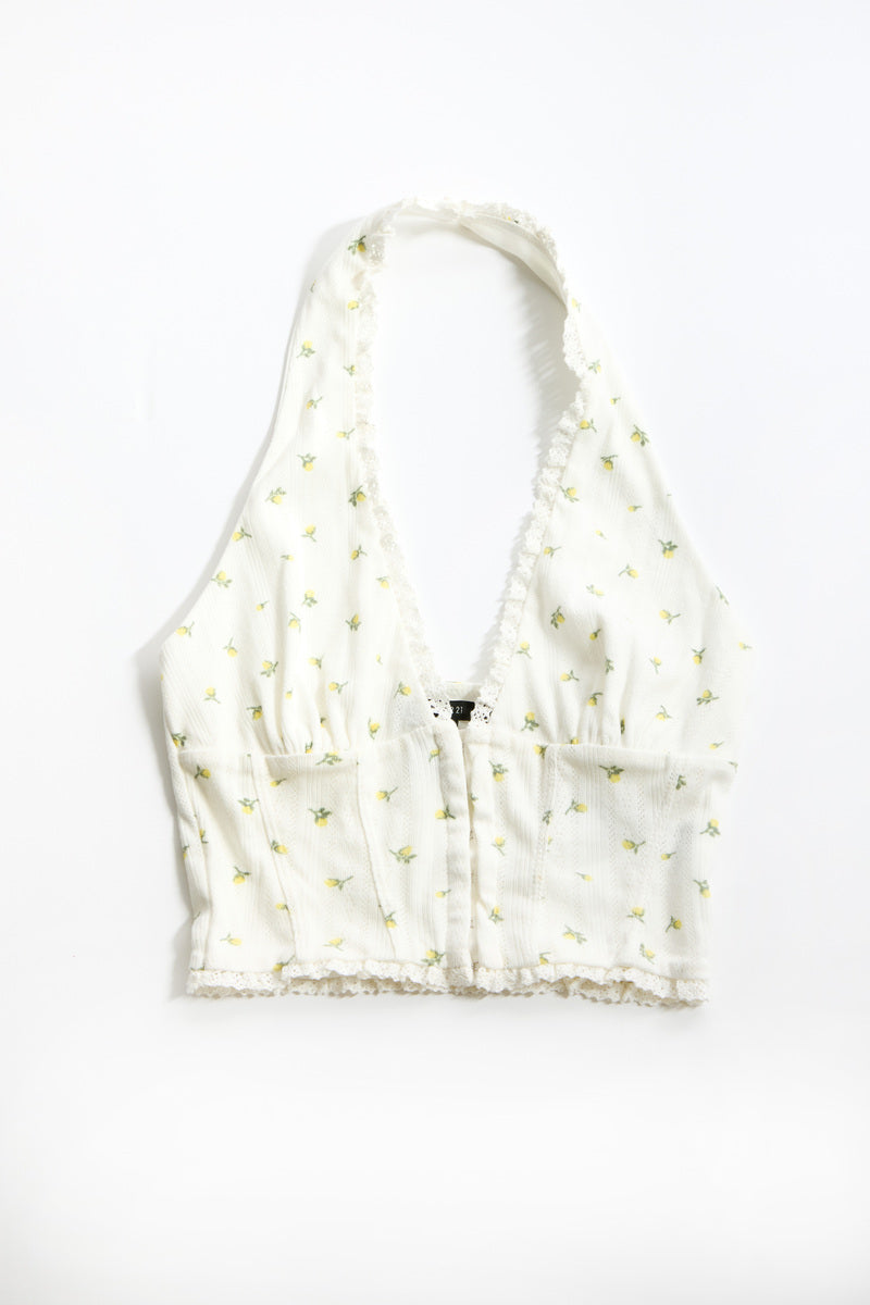 Floral Lace-Trim Halter Crop Top - Image 2