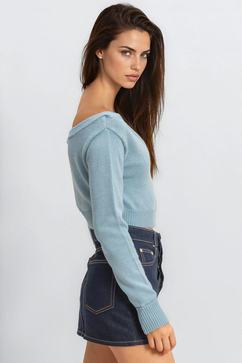 Off-The-Shoulder Cropped Button-Front Sweater - Image 13
