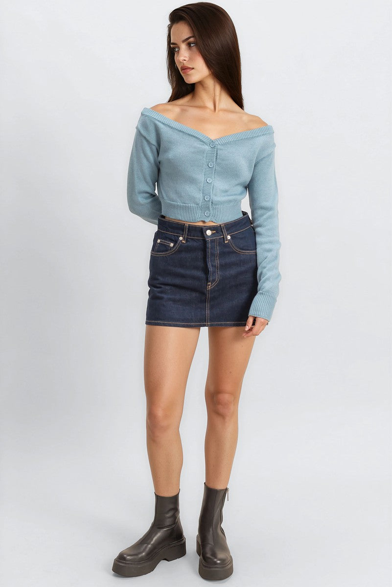 Off-The-Shoulder Cropped Button-Front Sweater - Image 12