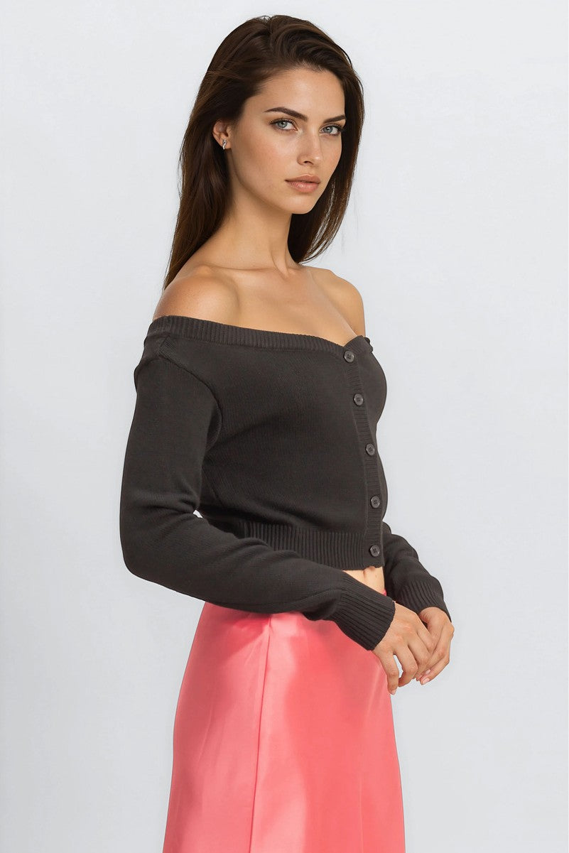 Off-The-Shoulder Cropped Button-Front Sweater - Image 3