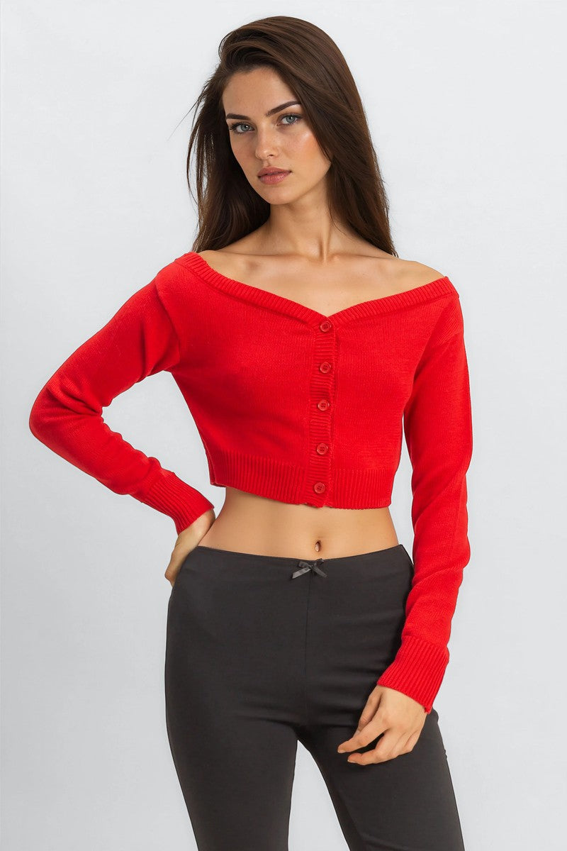 Off-The-Shoulder Cropped Button-Front Sweater - Image 6