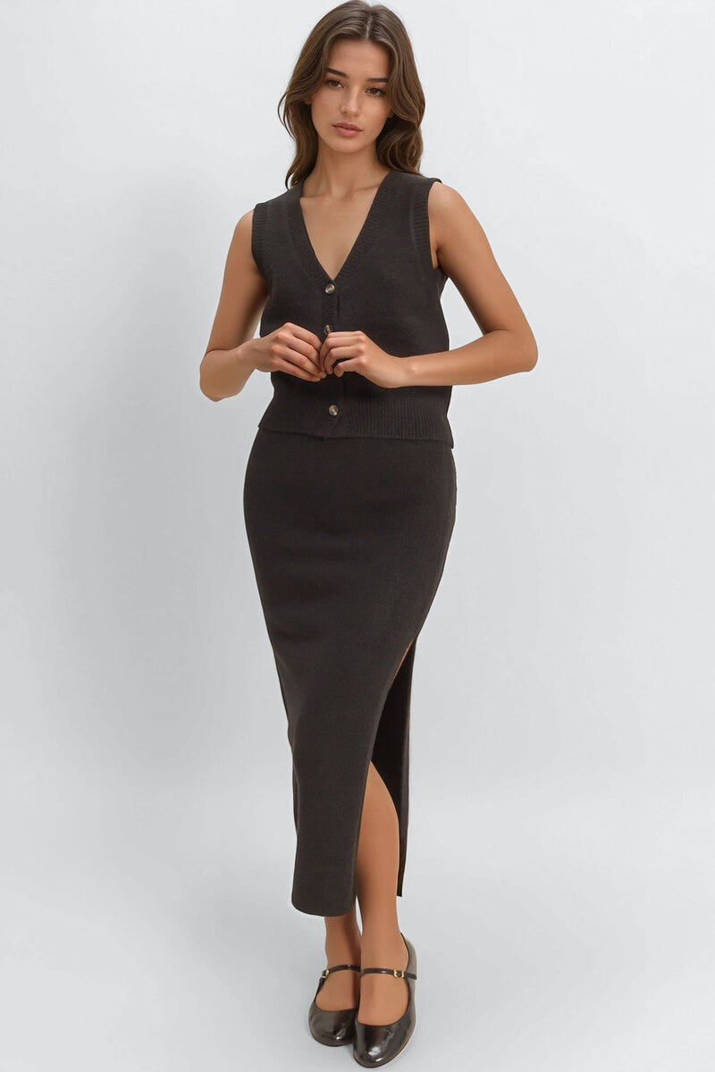 Button-Front Vest & Maxi Skirt Sweater Set - Image 5