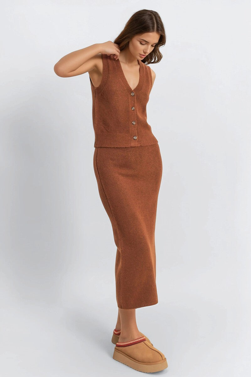 Button-Front Vest & Maxi Skirt Sweater Set - Image 12