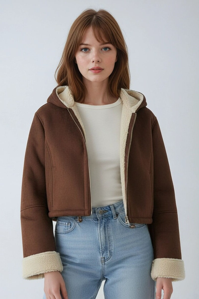 Faux Suede Cropped Hooded Jacket - Image 4