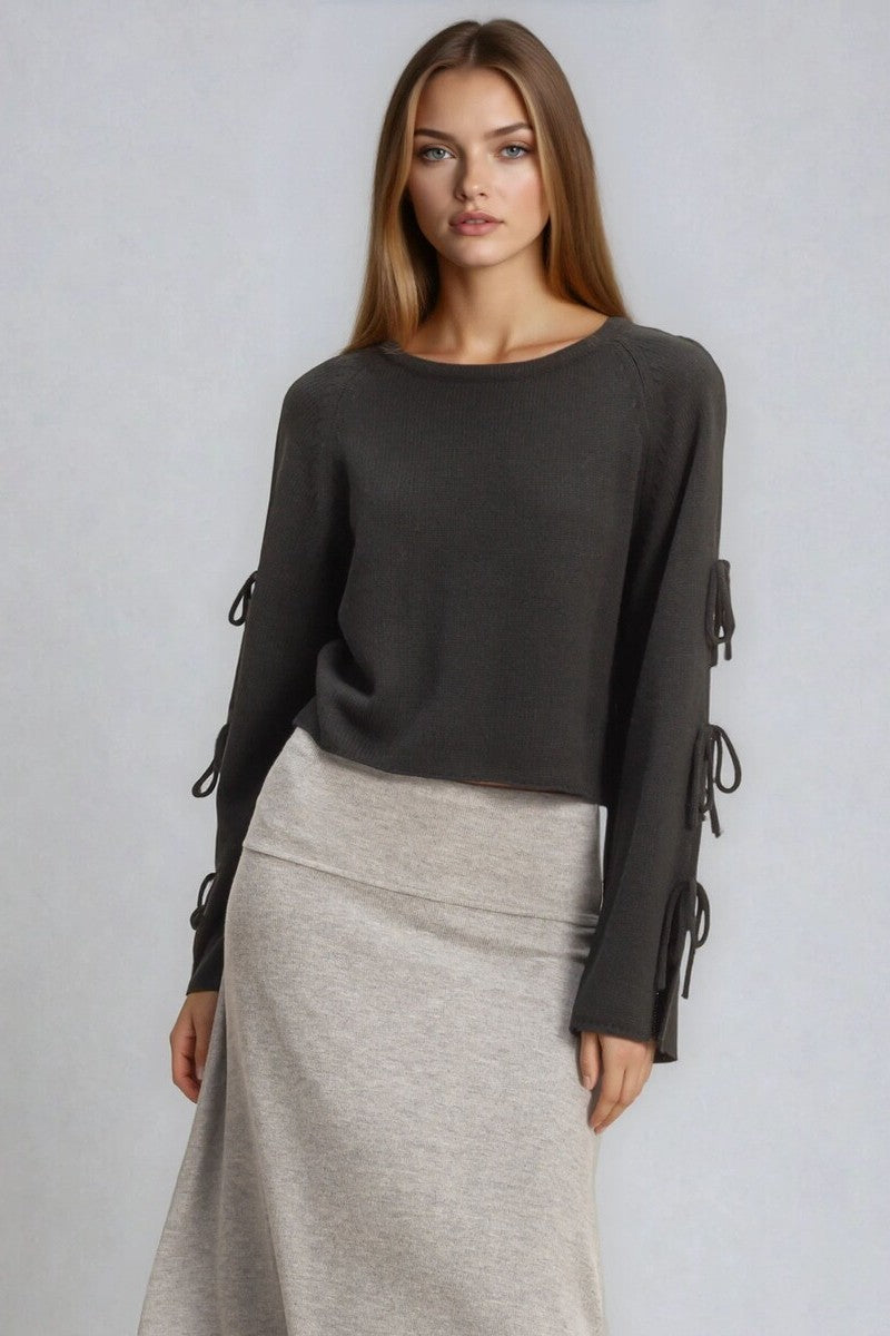Tie-Sleeve Cropped Sweater Top - Image 6