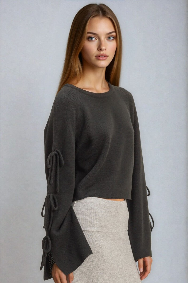 Tie-Sleeve Cropped Sweater Top - Image 8