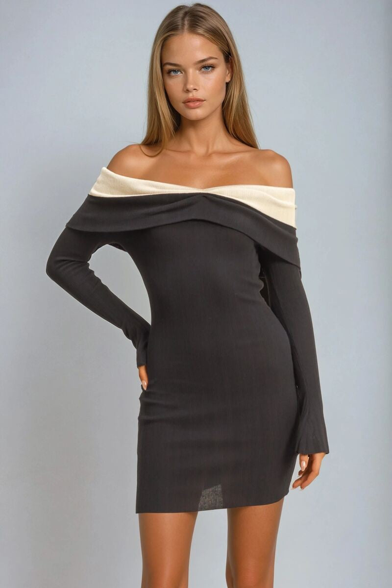 Off-The-Shoulder Contrast-Trim Mini Dress - Image 2