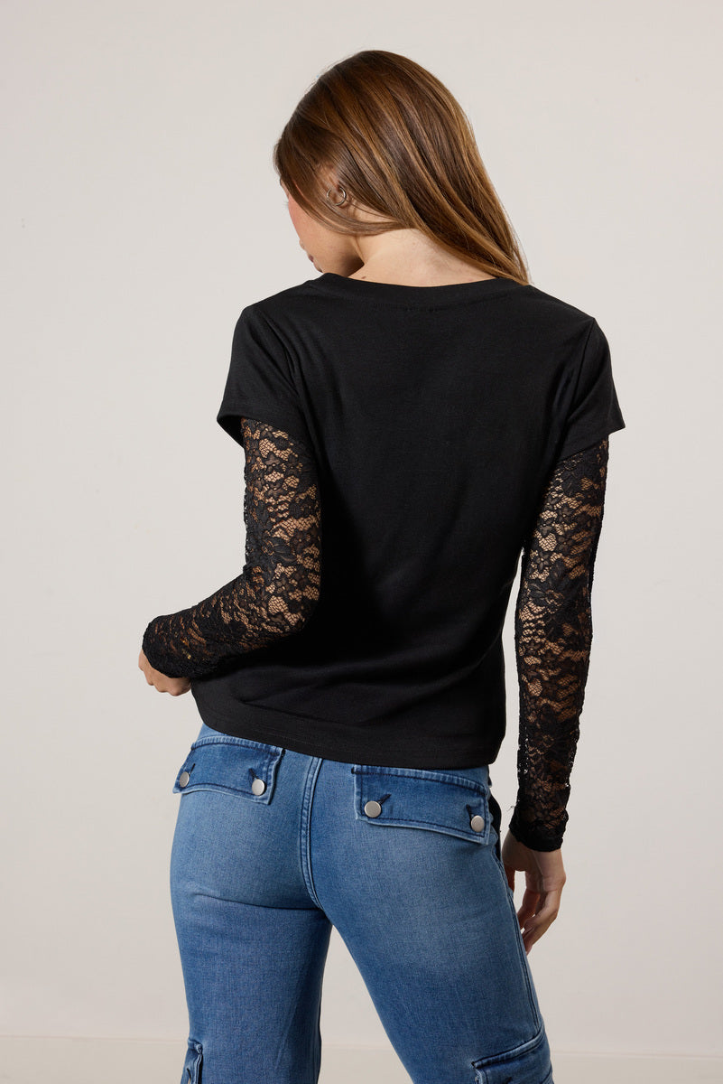 Layered Sheer Lace Long-Sleeve Tee - Image 3