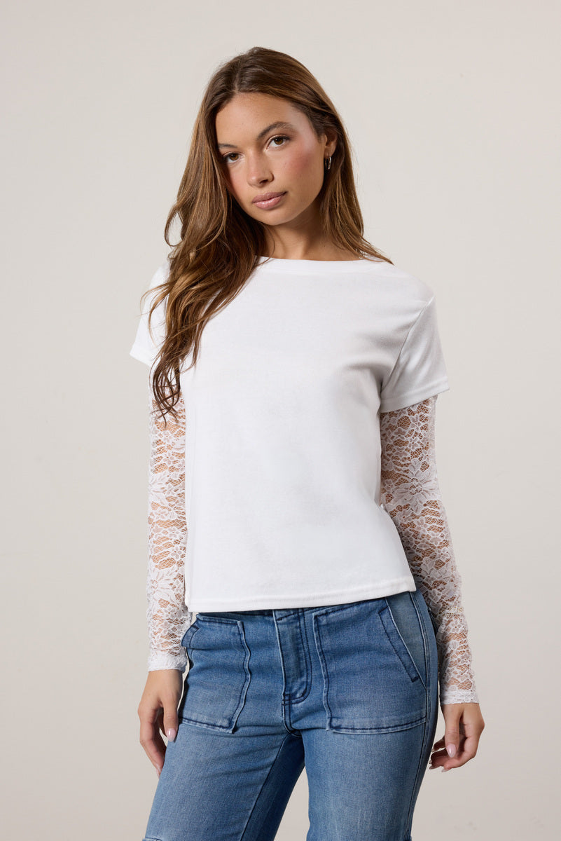 Layered Sheer Lace Long-Sleeve Tee - Image 6