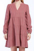 Sherin Long Sleeve With Slight Shoulder Shirring V Neck Banded Collar Three Tier Baby Doll Dress Side Seam Pockets - Image 7