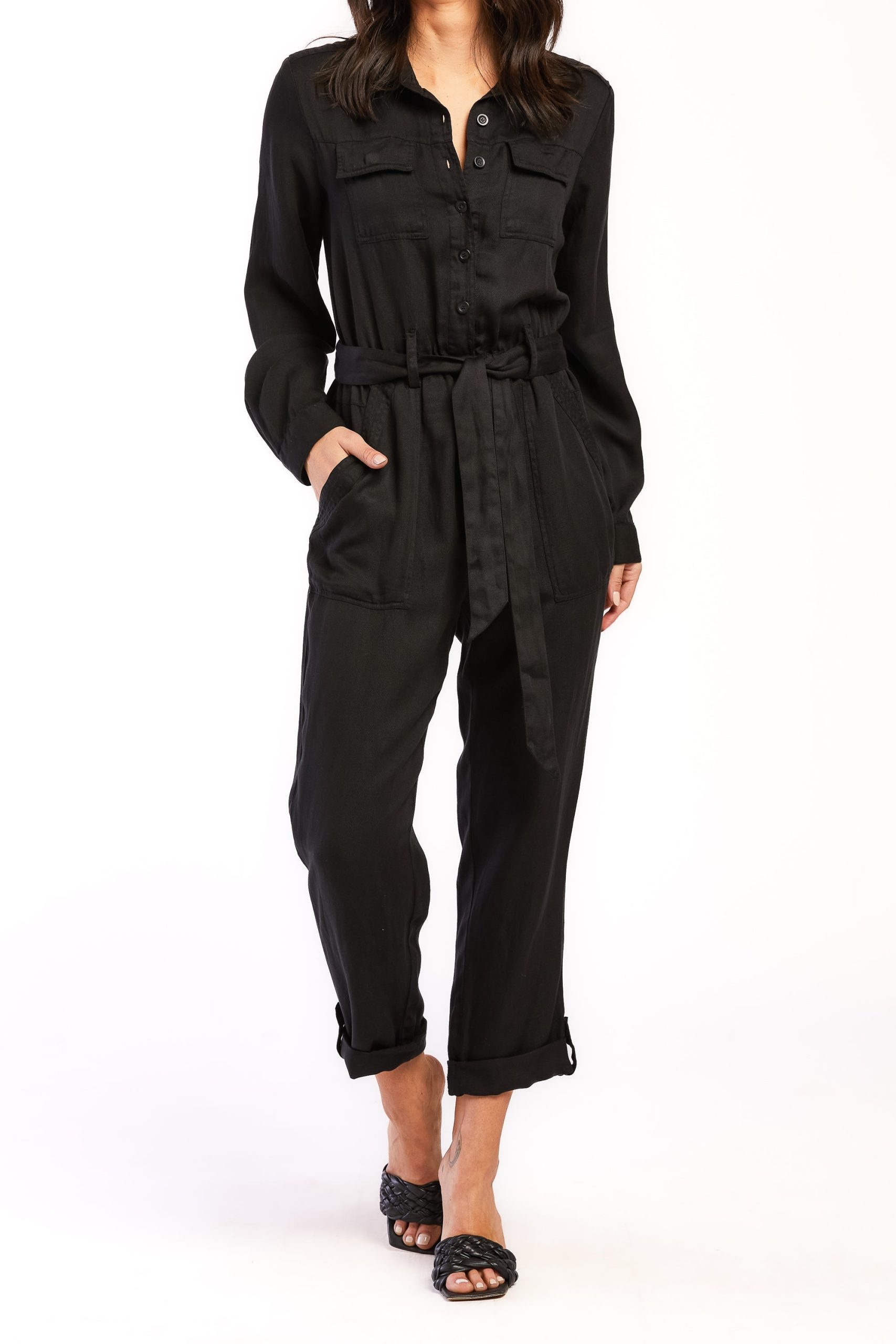 Frenzia Long Sleeve Utility Style Jumpsuit Button Down Tab Cuff Hem Self Belt - Image 3