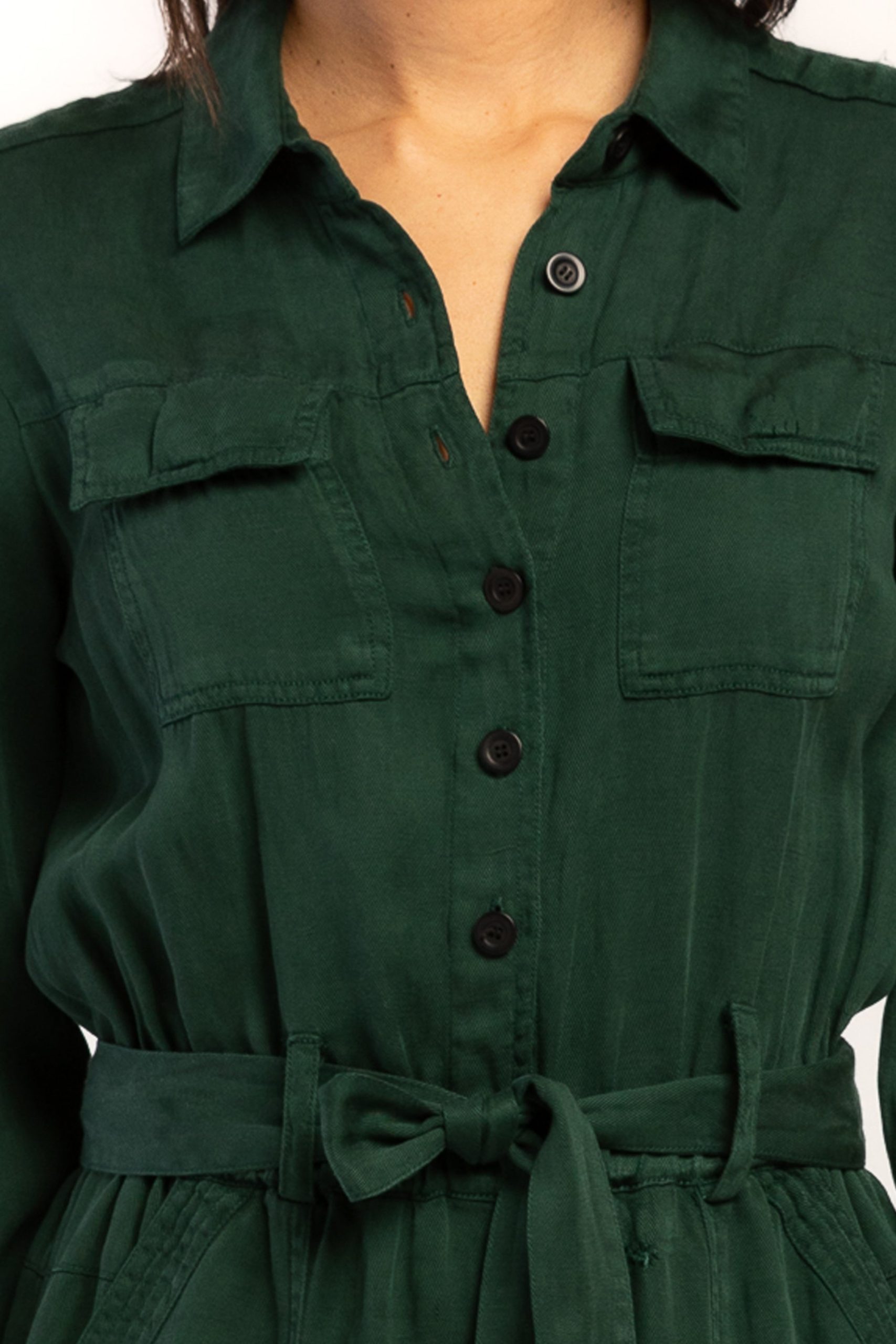 Frenzia Long Sleeve Utility Style Jumpsuit Button Down Tab Cuff Hem Self Belt - Image 2