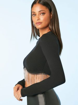 Rhinestone-Fringe Crop Top