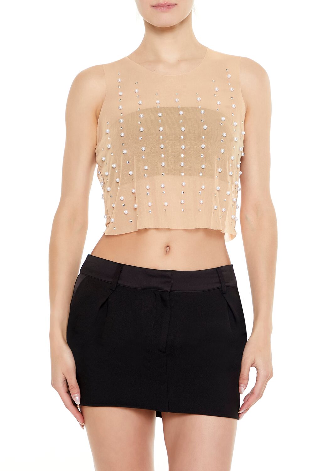 Mesh Faux Pearl Crop Top
