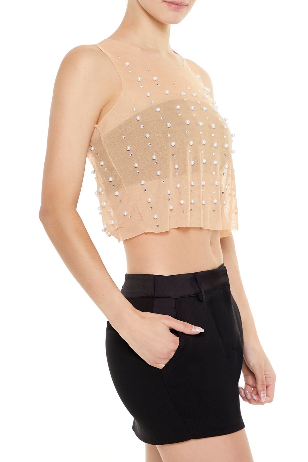 Mesh Faux Pearl Crop Top - Image 4