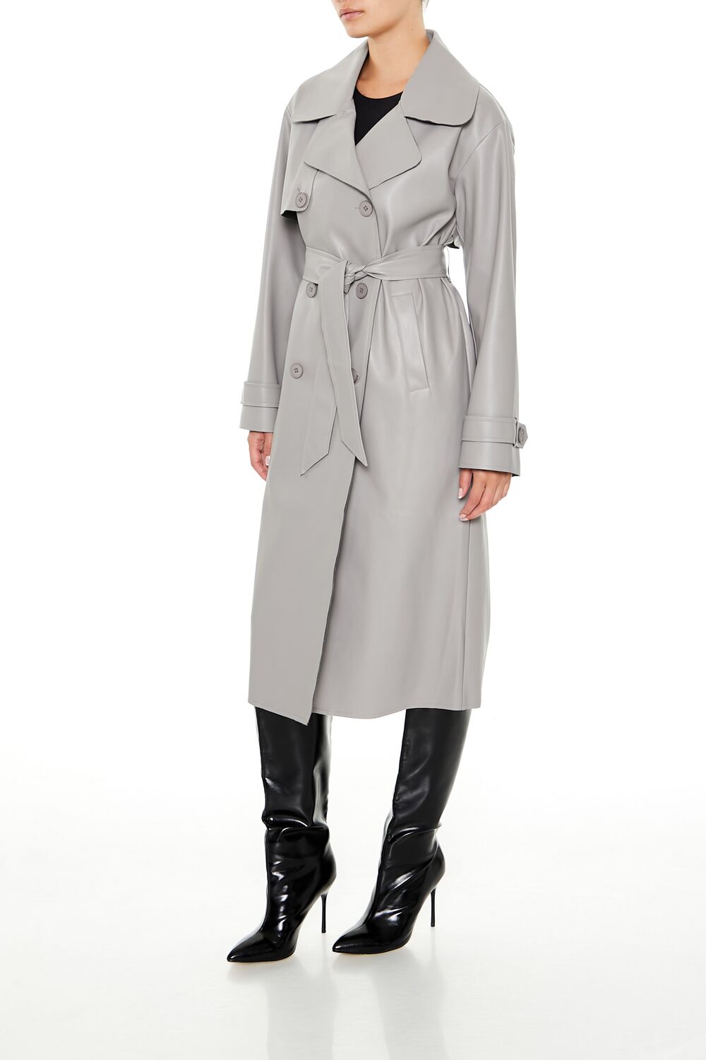 Faux Leather Notched Trench Coat - Image 3