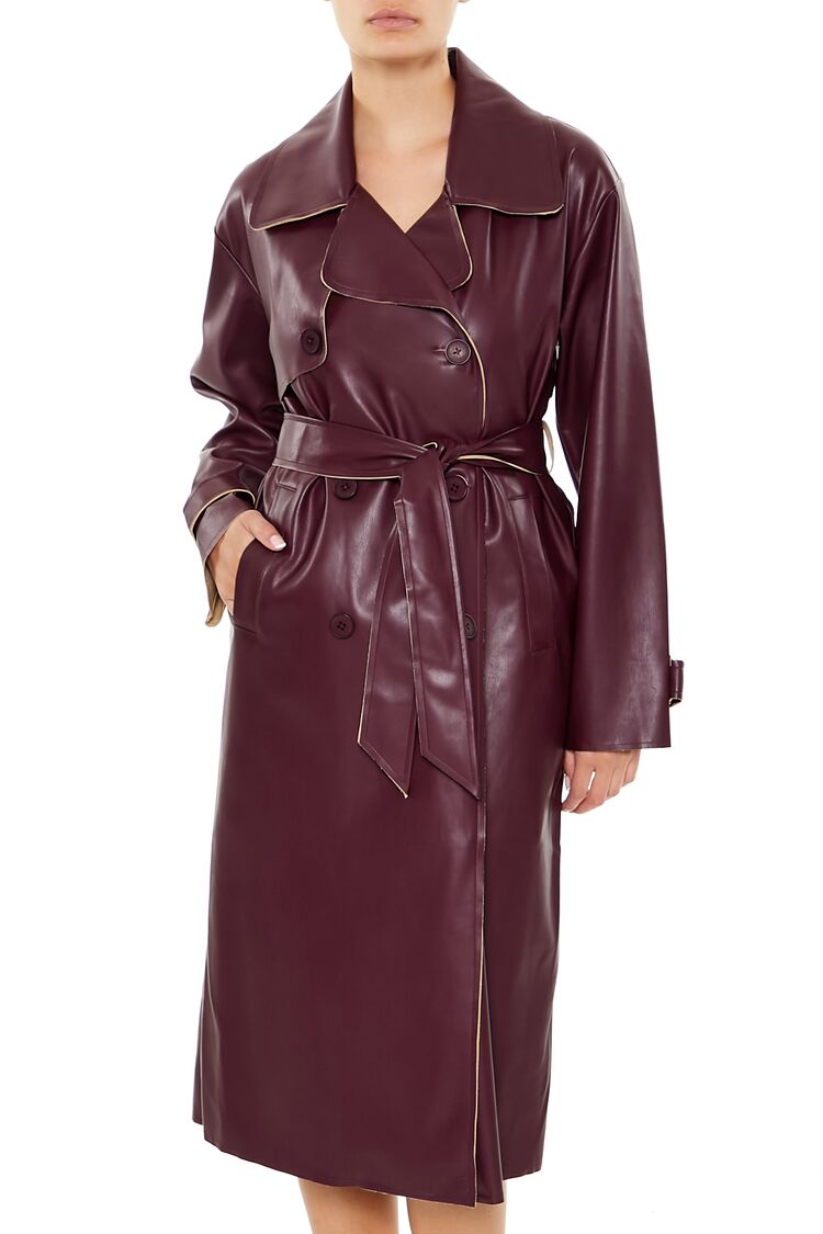 Faux Leather Notched Trench Coat - Image 7