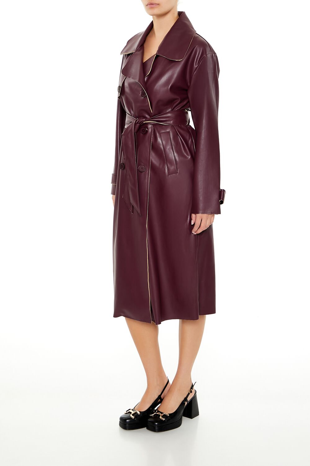 Faux Leather Notched Trench Coat - Image 8