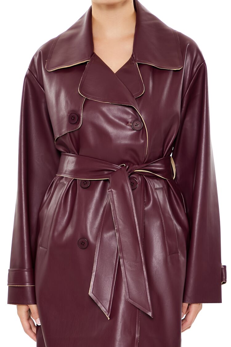 Faux Leather Notched Trench Coat - Image 10