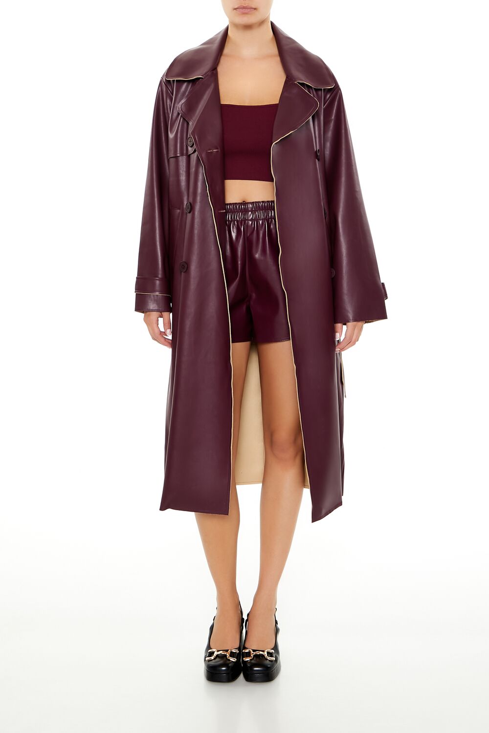 Faux Leather Notched Trench Coat - Image 11