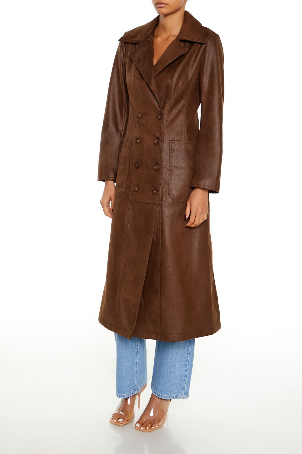 Notched Faux Suede Trench Coat - Image 3