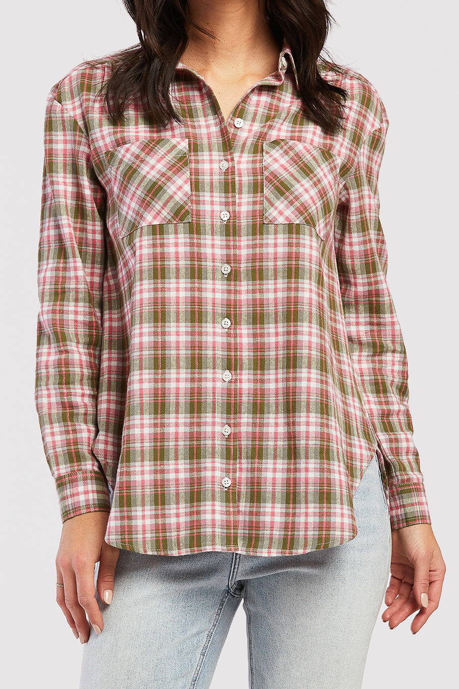 Long Sleeve Button Down Shirt. Chest Patch Pockets Shirred Shoulder Detail - Image 2