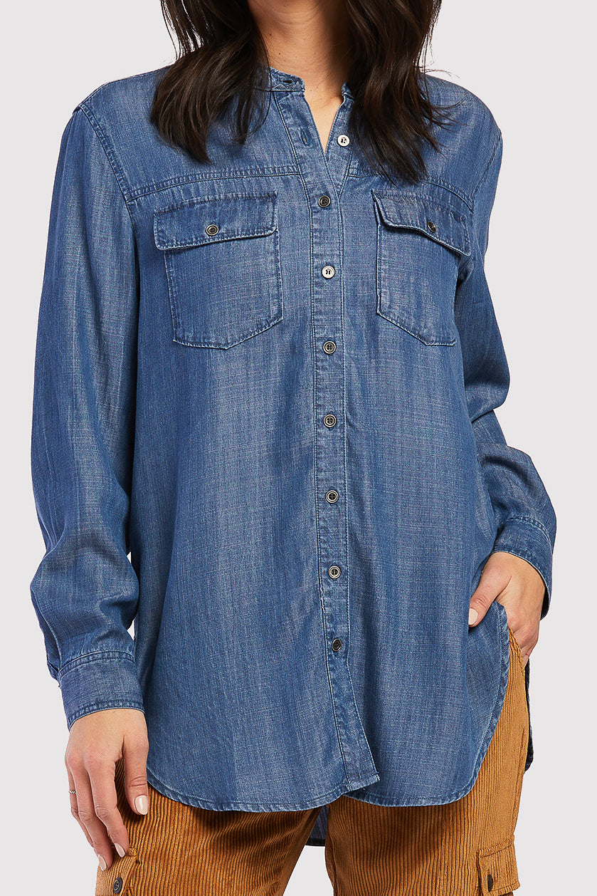 Nanette Long Sleeve Button Down Madarin Collar Double Button Flap Chest Pockets - Image 2