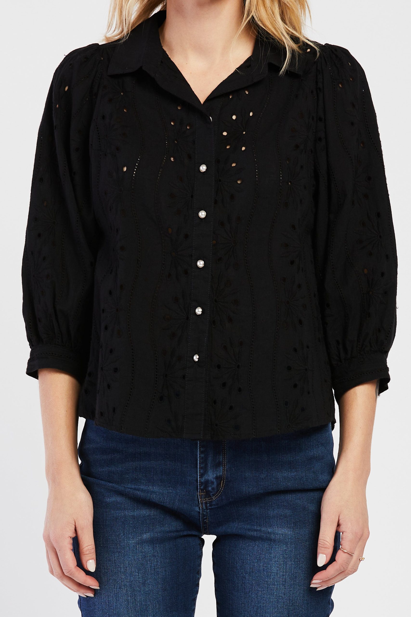Teehan 3/4 Puff Sleeve Button Down Eyelet Shirt - Image 2