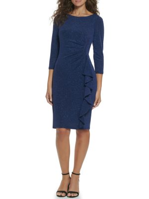 1Pc 3/4 Sleeve Side Tuck Sheath W/ Cascade Ruffle Glitter Knit Dress Navy