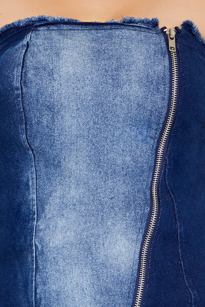 Zip-Up Denim Tube Mini Dress - Image 6